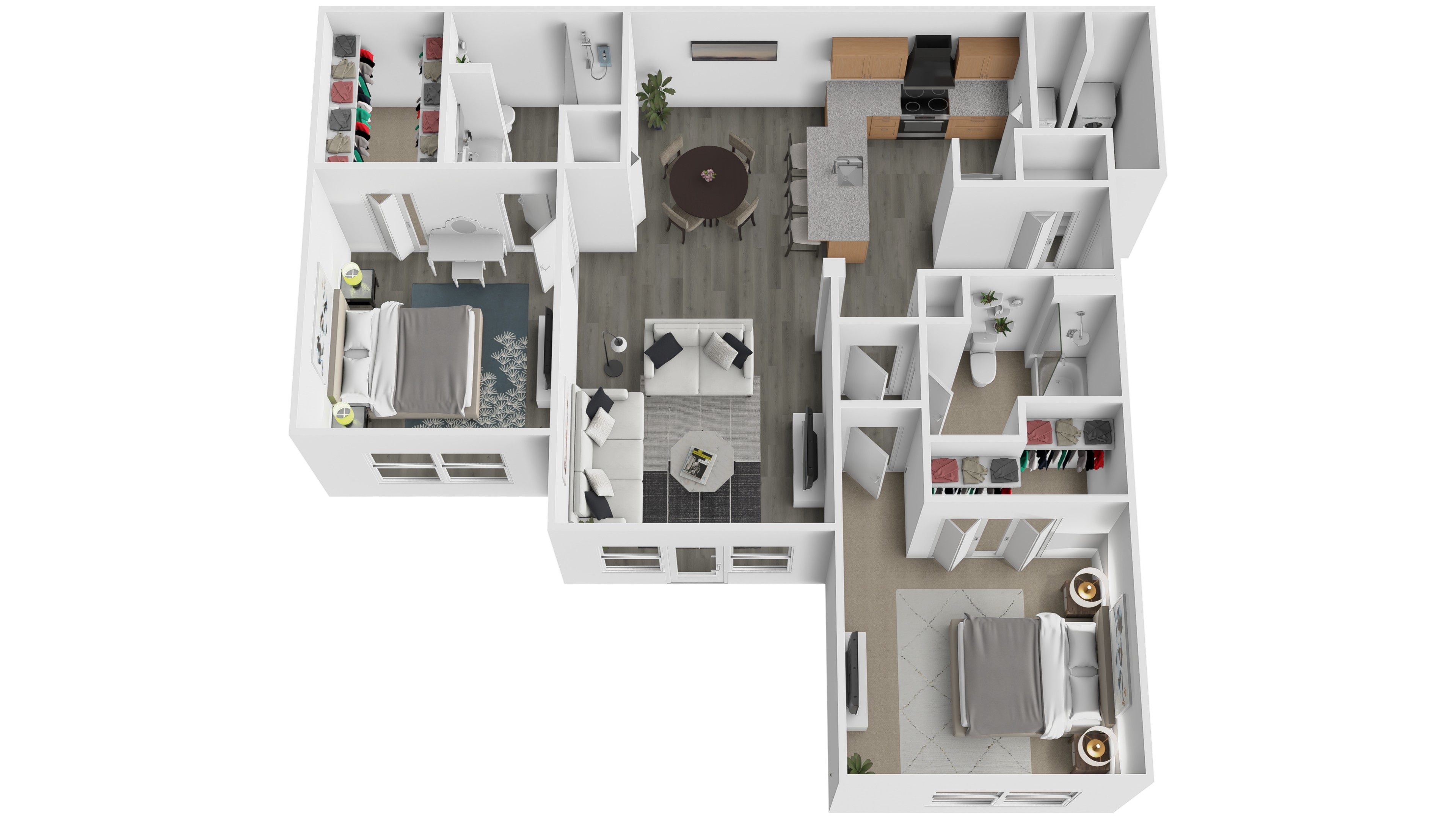 A top down view of a small apartment with a kitchen, living room, and bedroom.